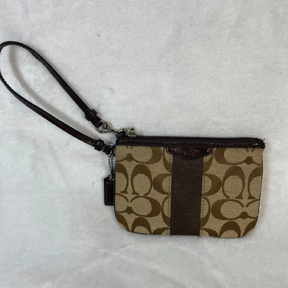 Borsa a mano Coach da polso marrone firmata tela bordo pelle piccola nuova senza etichette