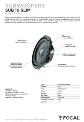 Focal Sub 10 Slim Subwoofer 25 CM Ultraflach für Auto 460W Max 10''