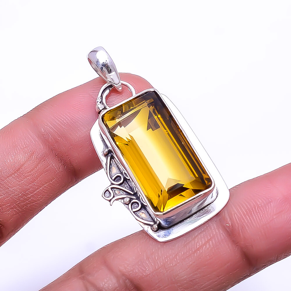 Bi-Color Citrine 925 Sterling Silver Handmade Pendant Necklace 1.64 Inches
