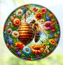 Bee, Hive & Flowers Faux Stained-Glass WINDOW CLING Sun-catcher Size 8" Round