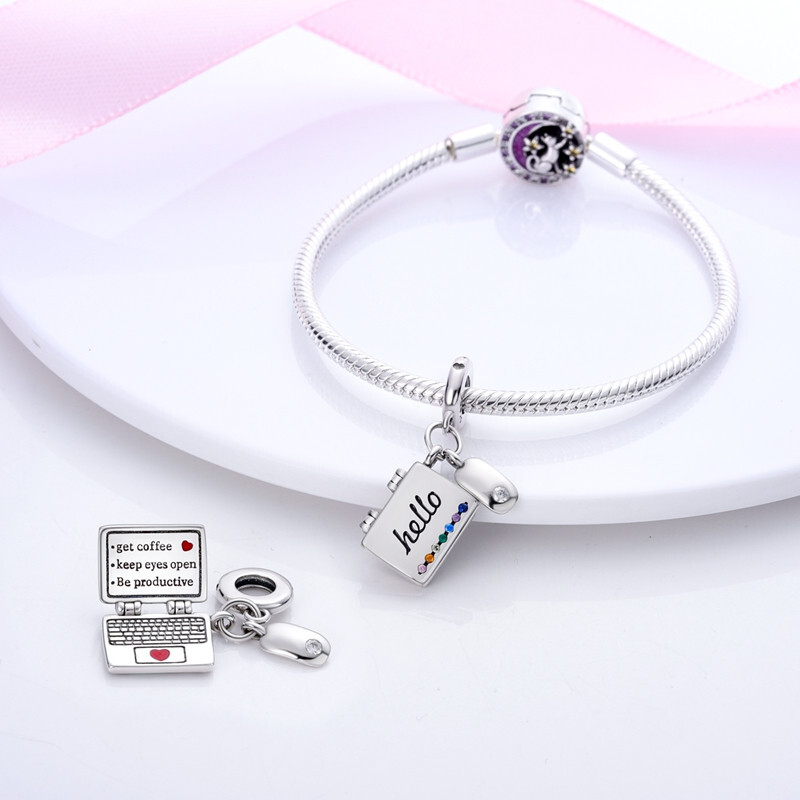 Laptop Computer Pendant Mouse Work Coffee Love Heart Charm 925 Sterling ...