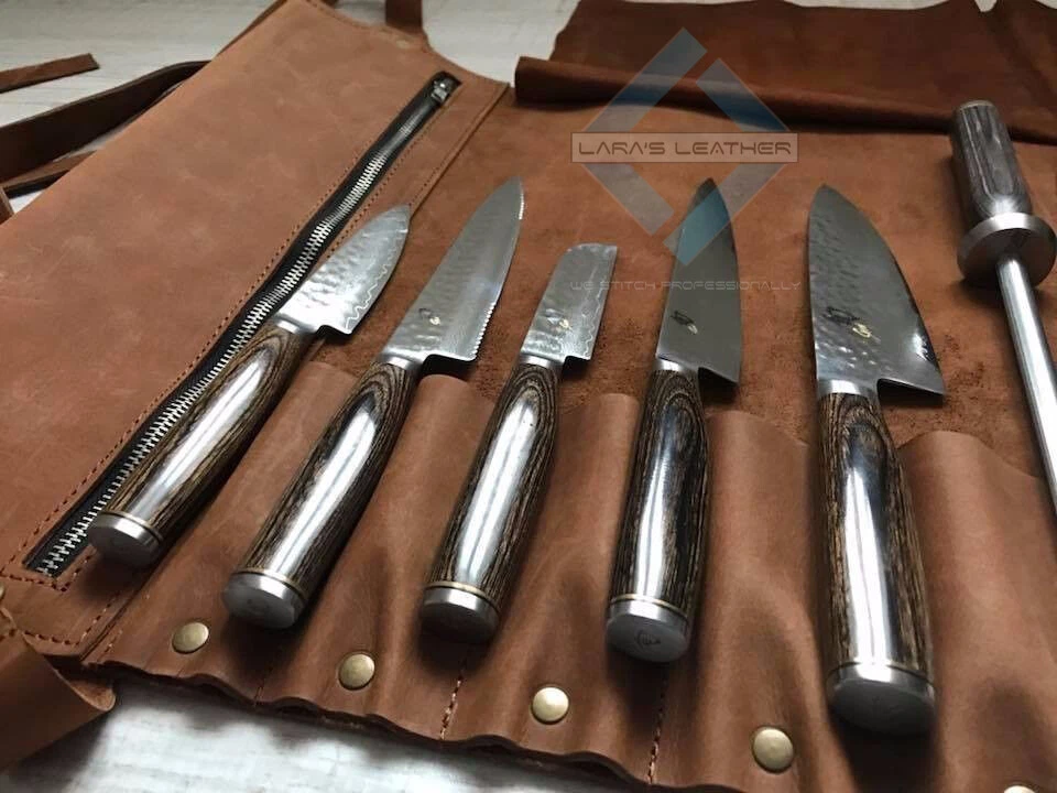 Pure Leather Chefs Knife Roll Bag, Knives Carry Case Wallet 10 Pockets,TAN COLOR