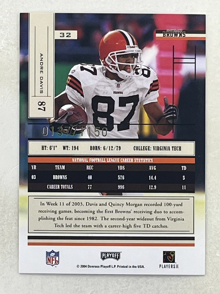 Andre Davis 2004 Playoff Absolute Memorabilia /1150 #32 Sports NFL Browns Card - Image 2 of 2