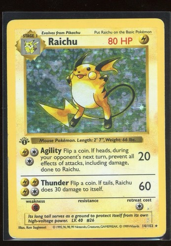 Raichu 1st Edition Holo Shadowless Base Set 014/102 1999 Pokemon WoTC