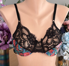 AVON Fashions 34D Floral Satin on Black Satin Lace Trim Underwire Bra VINTAGE