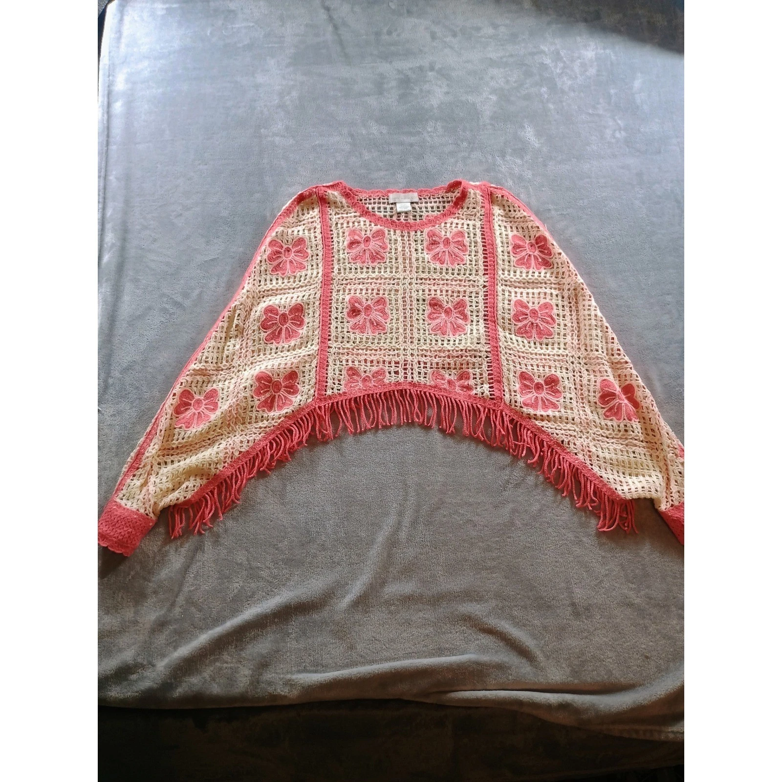 House of Harlow Women Crochet Poncho Pink Cream OS Floral Fringe Boho Top