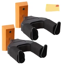 Gearlux Universal Self-Locking Guitar Wall Hanger with Wooden Base - 2 Pack
