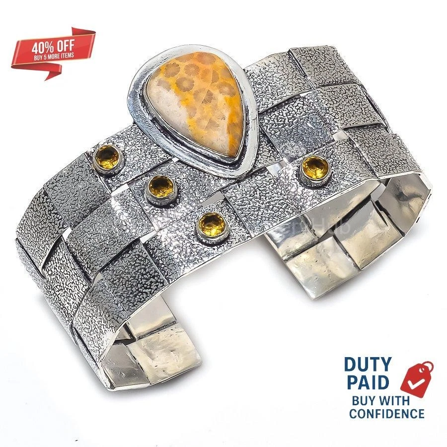 Oferta Cyber Monday Brazalete Citrino Coral Fósil Natural Plata de Ley 925 Joyería Foto 3 de 4