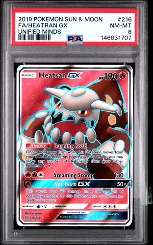 2019 POKEMON SUN & MOON UNIFIED MINDS #216 FULL ART/HEATRAN GX PSA 8