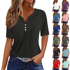 Women 3/4 Sleeve T-Shirt V-Neck Loose Tops Regular Spring Blouse Button Solid