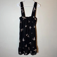 Zimmermann Dress Black Voile Cotton Bird Print Anchor Strap Ruffle Hem