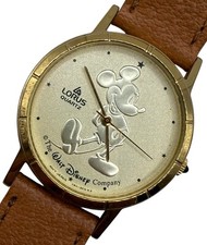 Disney Lorus Mickey Mouse Watch Gold Tone Head Leather Band Faux New Battery