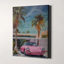 Retro Pink Porsche 911 With Palm Trees Vintage Sports Cars Canvas Print Wall Art
