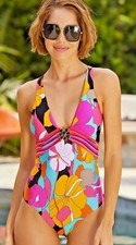 Trina Turk Gemini Floral Plunge Buckle Criss Cross One Piece Swimsuit
