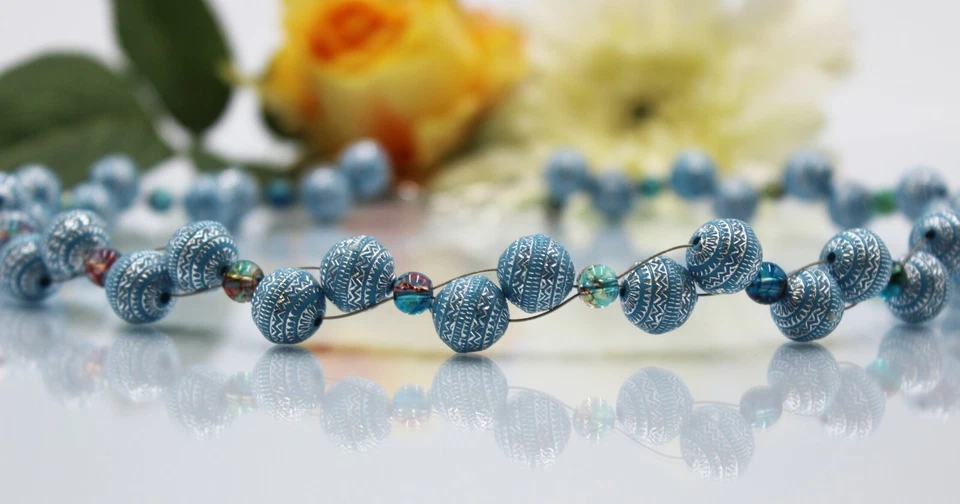 Vetro Gioielli Argento Collana Perle Acrilico Blu Hippie Boho Estate #A024 - Immagine 2 di 3