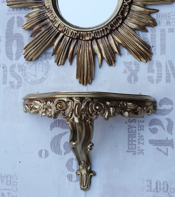 Set 2 Pièces Miroir Mural + Console Soleil Or Baroque - 42x42 Cm, Neuf
