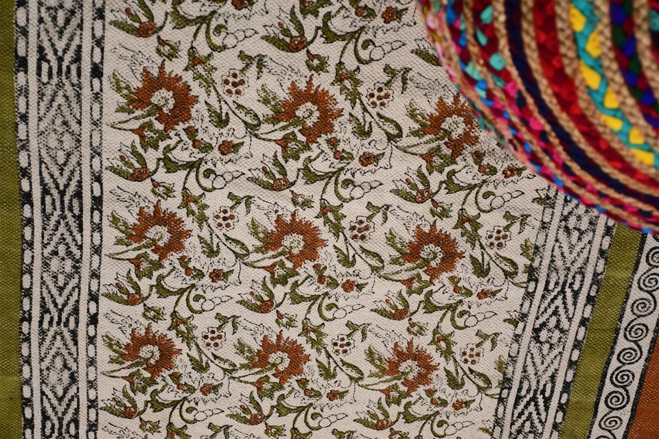 Hand Block Print Rug, Cotton Area Rug, Floral Rug, Kitchen Rug, Living Room Rug - Image 4 of 4