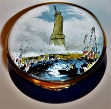 STAFFORDSHIRE ENGLISH ENAMEL BOX - STATUE OF LIBERTY -NEW YORK CITY- 4TH OF JULY