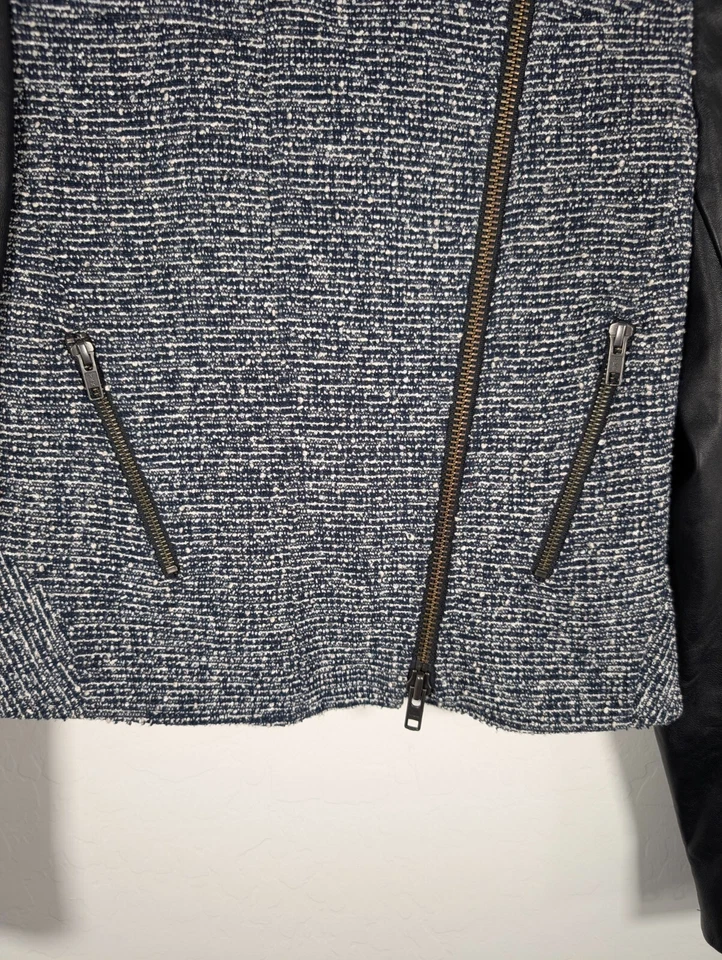 Chaqueta Theory Para Mujer 2 Azul Blanco Tweed Cremallera Completa Bolsillos Delanteros Chaqueta Moto Foto 4 de 4
