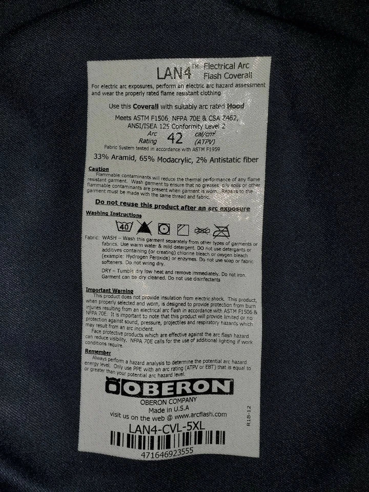 Oberon LAN40 Electrical Arc Flash Coveralls LAN4-CVL-5XL Size 5XL - Image 2 of 4