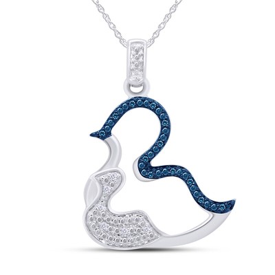 Blue & White Natural Diamond Mom & Baby Duck Pendant Necklace in Sterling Silver