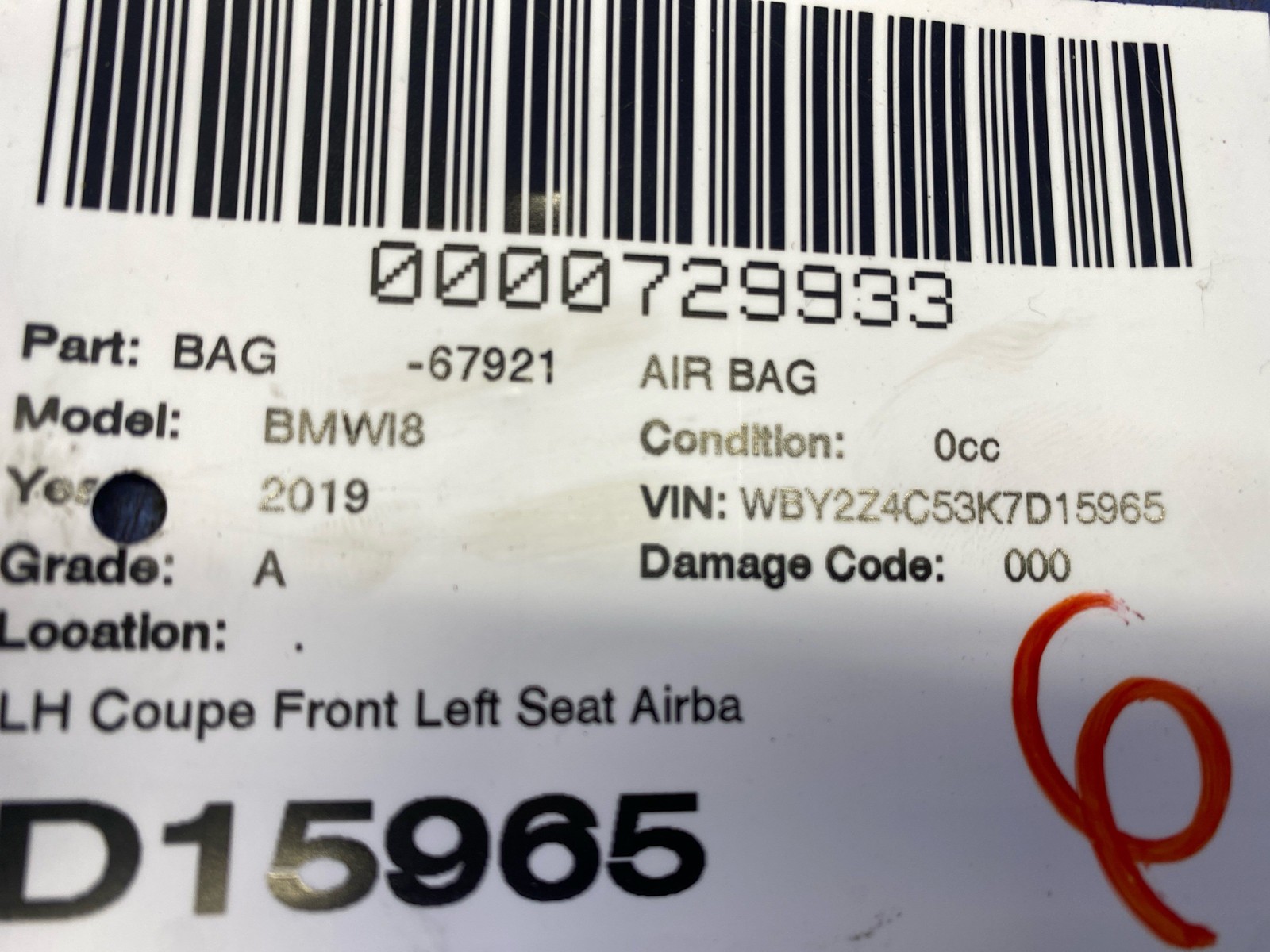 2014 - 2020 Bmw I8 Oem Coupe Front Left Seat Airbag SRS Assembly 7389243