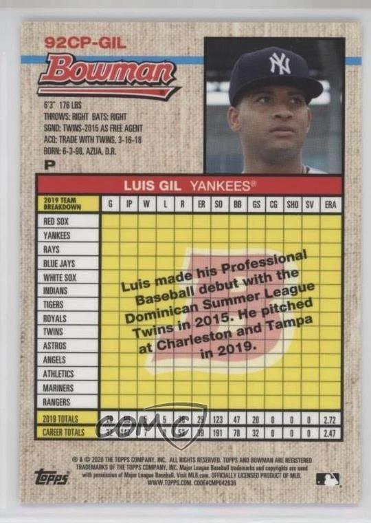 2020 Bowman Heritage Chrome Prospects Gold Refractor /50 Luis Gil #92CP-GIL - Image 2 of 2