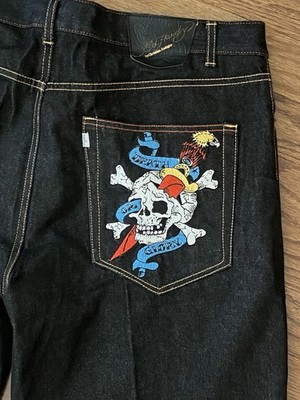 Ed Hardy by Christian Audigier Embroidered Skull Denim Jeans Sz 42