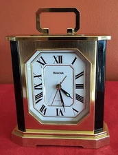 Vintage 1985 Bulova Quartz Mantel/Desk Alarm Clock Japan Gold Tone Award B-7332