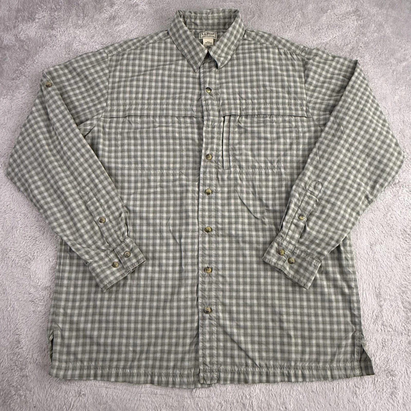 LL Bean Shirt Mens LT Green Check Nylon Button Up Fishing Hiking Outdoor Tall