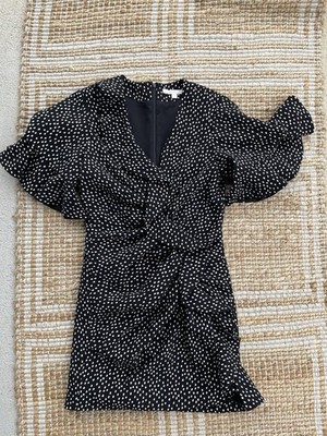 Jonathan Simkhai Black White Dot Twist Front Mini Dress XS Lined Flutter Sleeve