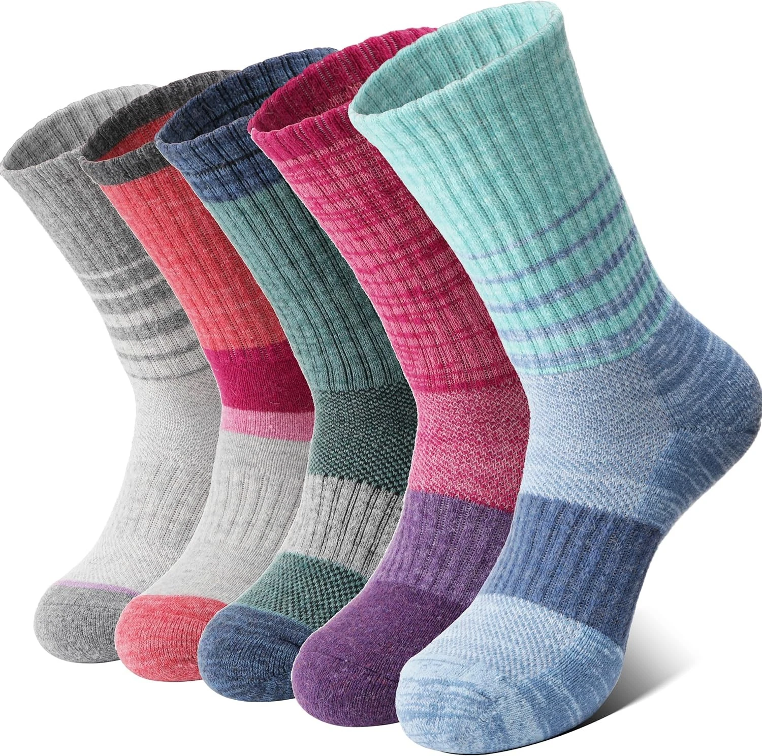 5 Pairs Women's Wool Walking Hiking Thermal Socks Winter 3-7, Multicolour