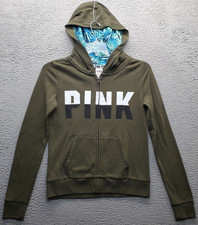PINK Victoria's Secret Full Zip Hoodie Womens S Green Fleece Lined Spellout Logo