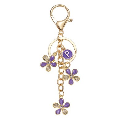 Initial Letter Flower Keychain, Cute Alphabet P Cherry Blossom Keyring, Purple