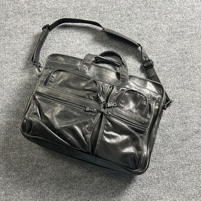 Tumi Black 17'' Leather Mens Laptop Business Briefcase Bag Shoulder Strap Work
