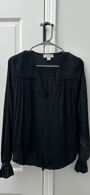 Treasure & Bond Women's Black V-Neck Long Sleeve Smocked Ruffle Blouse M