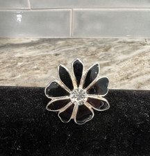 Jeweled Flower Stretch Ring Black Flower With Rhinestone Center