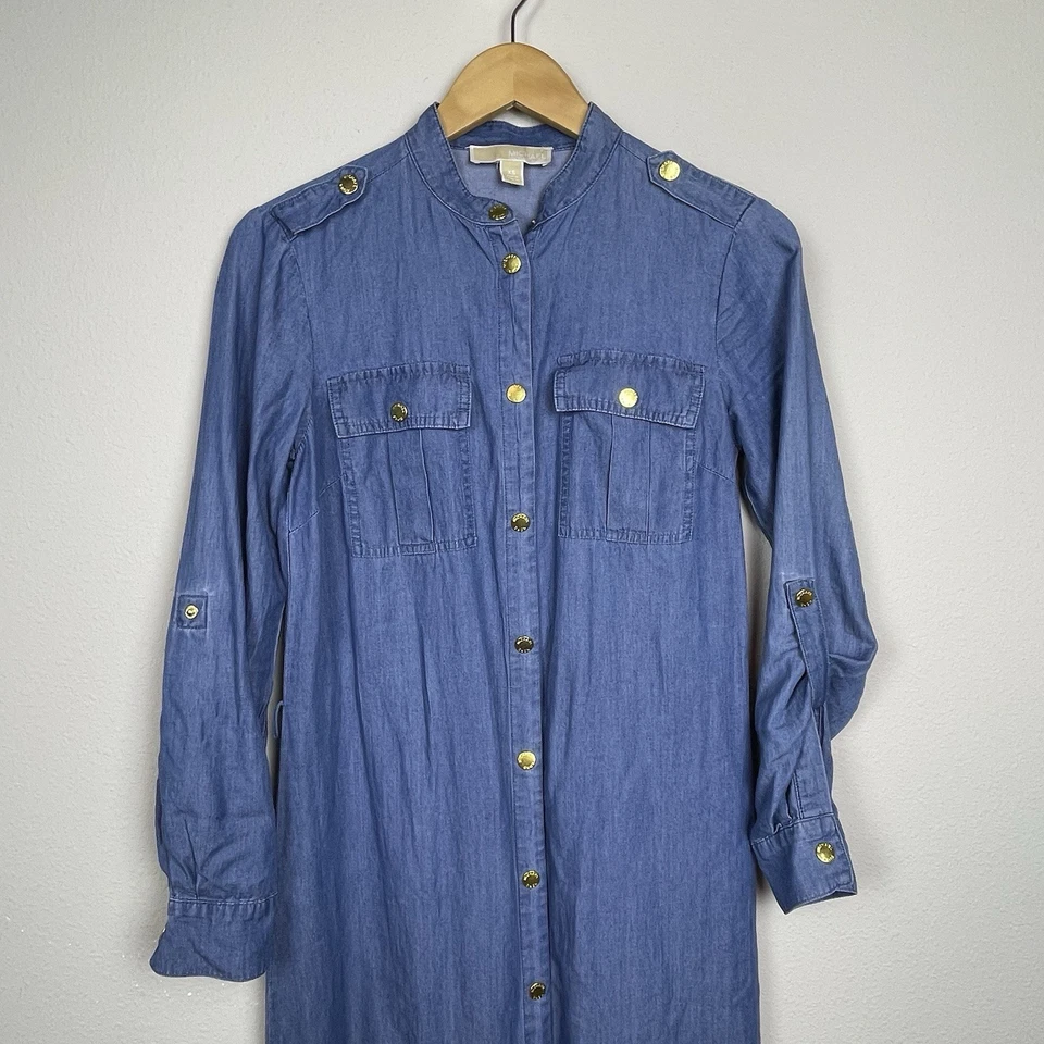 Michael Kors XS Chambray 衬衫 连衣裙 Maxi Roll Tab Sleeves 金色卡扣 — 第 2/4 张图片
