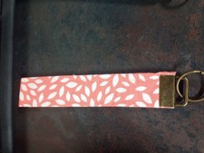 Women s Peach White Floral Wristlet Key Chain Strap, Fabric/Metal Keychain