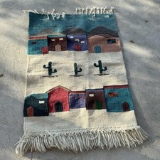 Vintage Woven Mexican Village Tapestry Wall Hanging Rug Southwestern Textile
