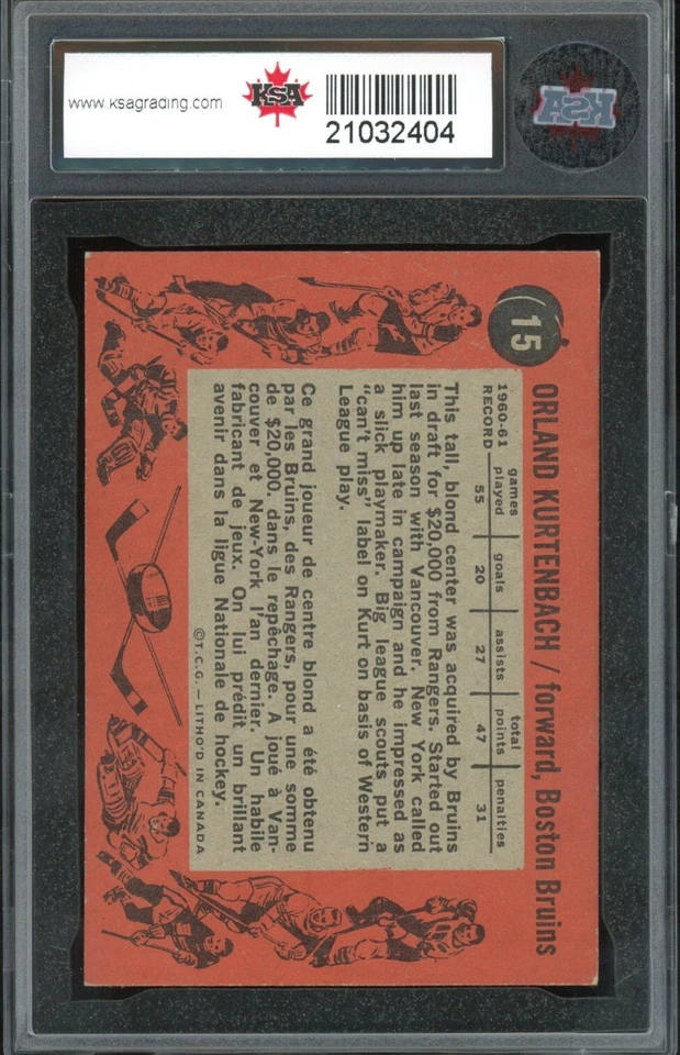 1961-62 TOPPS HOCKEY #15 Orland Kurtenbach Rookie KSA 6 EX-NM Boston Bruins RC - Image 2 of 2