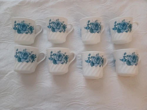 Corning Ware Corelle Blue Velvet Rose Set Of 8 Coffee Cups & 8 Saucers