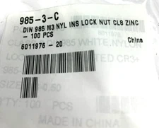 985-3-C Nylon Insert Zinc Lock Nut DIN 985 M3 CL8 PACK OF 100