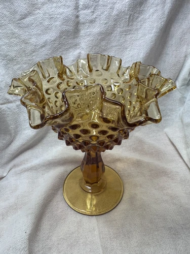 Fenton Glass Amber Hobnail Compote Ruffles VTG Dish Pedestal Mint 6 1/4” Tall