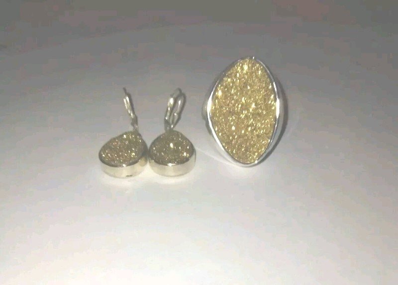 SET of Gold Drusy Druzy Quartz Earrings & Matching Ring in SIZE 8 +