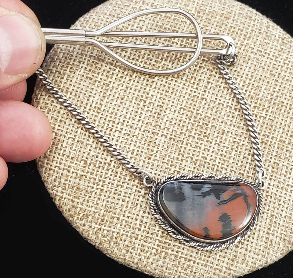 Clip de barra de corbata de madera petrificada navajo vintage de plata esterlina para hombre Foto 2 de 4