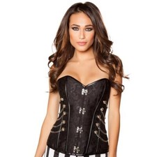 Victorian Corset Brocade Studded Chain Clasps Lace Up Back Strapless Black 4565