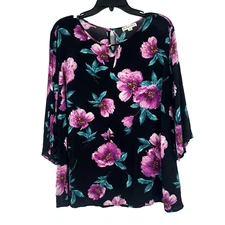 Indigo Rose Black Floral Gauzy Top Boho Feminine Flare Slit Sleeves Size 1X