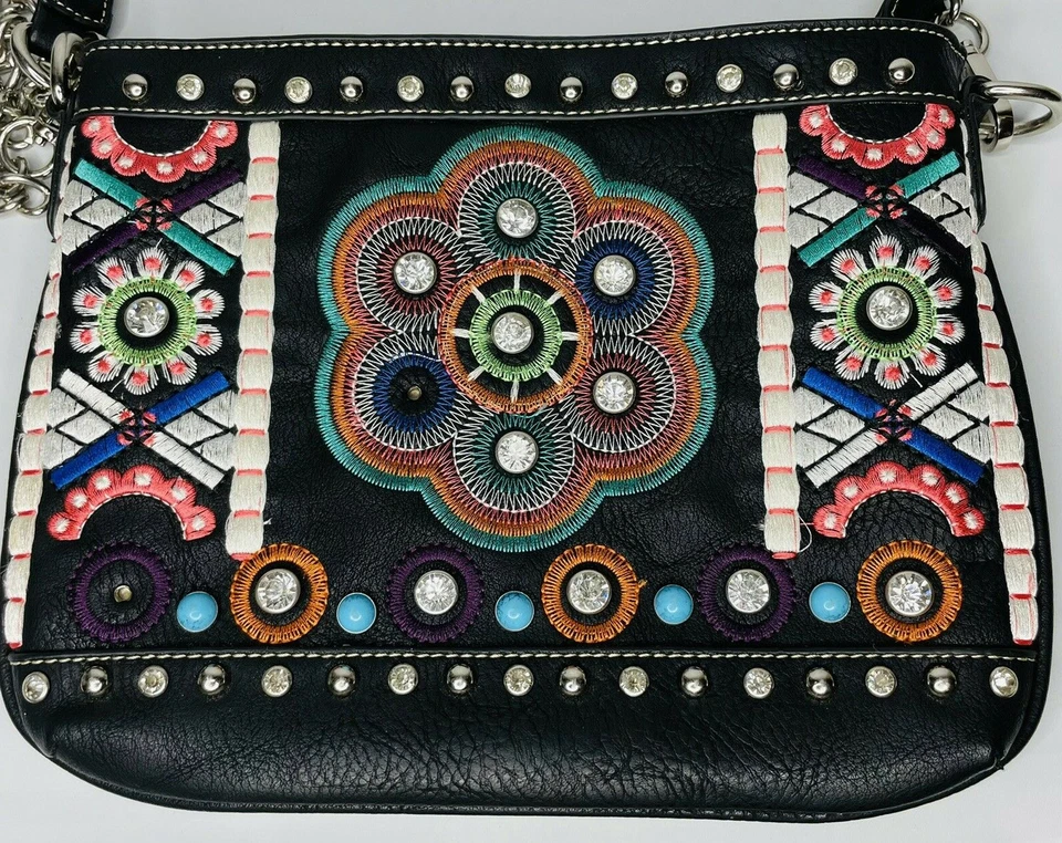 Bolso de Mano de Cuero Blazin Roxx Cartera Tachonado Estrás Bordado Floral  Foto 2 de 4