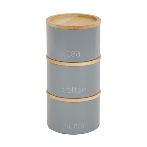 Grey Metallic Stacking Tea Coffee Sugar Jars Wooden Lids